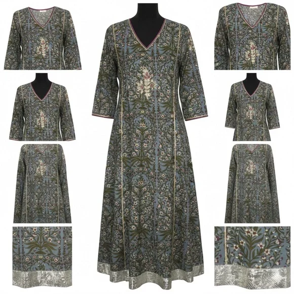 Maison Shefali Hand Block Print Dress - Small - Blue/White/Green Floral - Picture 2 of 11